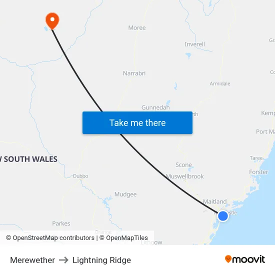 Merewether to Lightning Ridge map