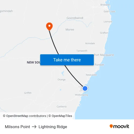 Milsons Point to Lightning Ridge map