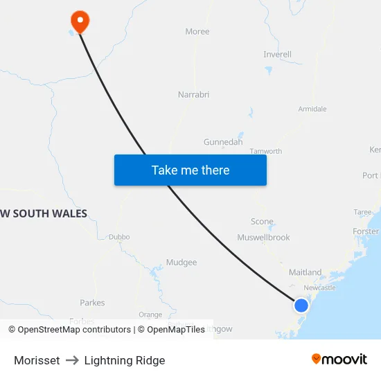 Morisset to Lightning Ridge map