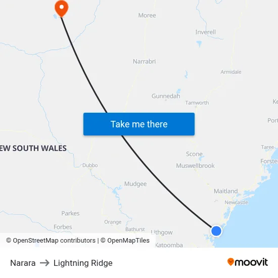 Narara to Lightning Ridge map