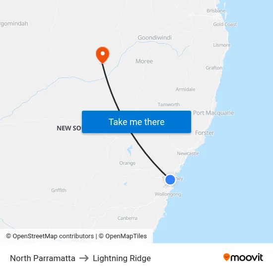 North Parramatta to Lightning Ridge map