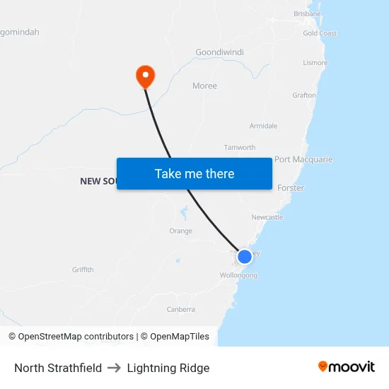 North Strathfield to Lightning Ridge map