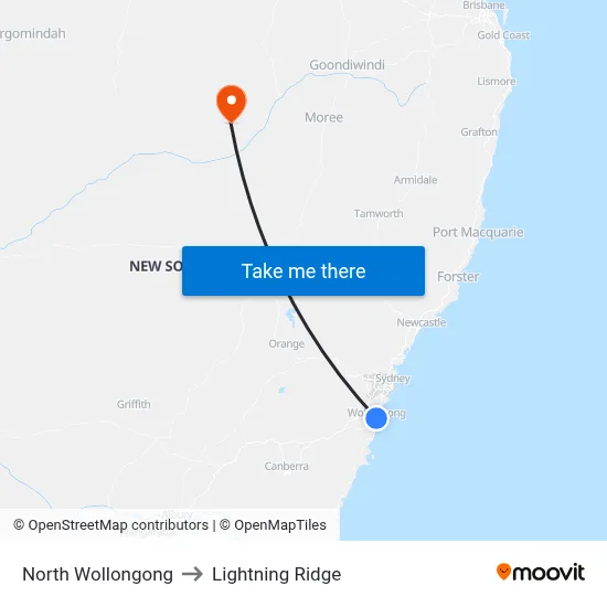 North Wollongong to Lightning Ridge map