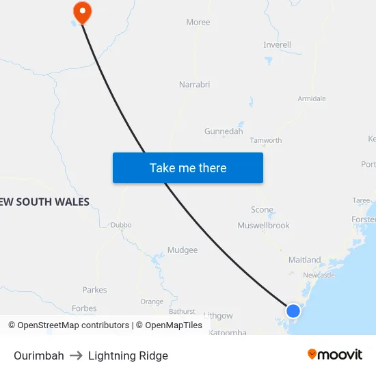 Ourimbah to Lightning Ridge map