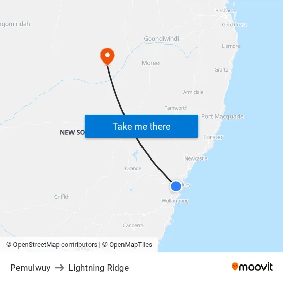 Pemulwuy to Lightning Ridge map