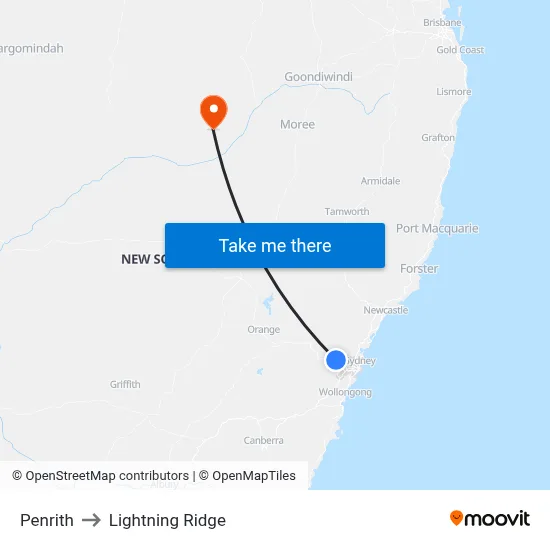 Penrith to Lightning Ridge map