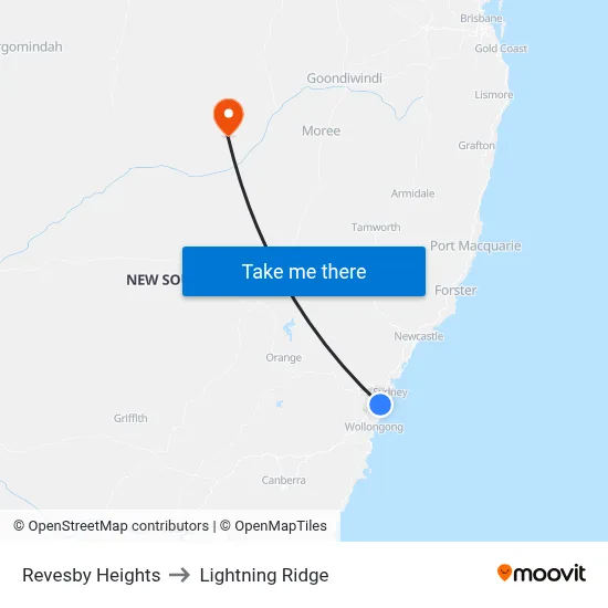 Revesby Heights to Lightning Ridge map
