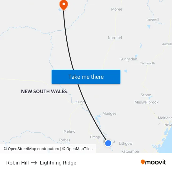 Robin Hill to Lightning Ridge map