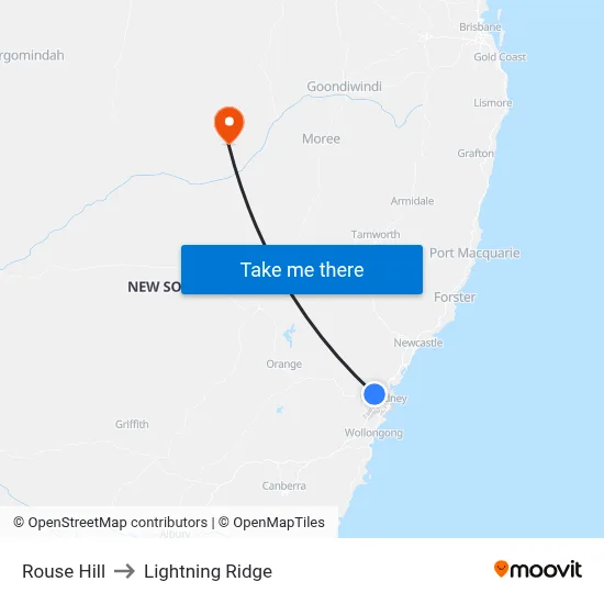 Rouse Hill to Lightning Ridge map