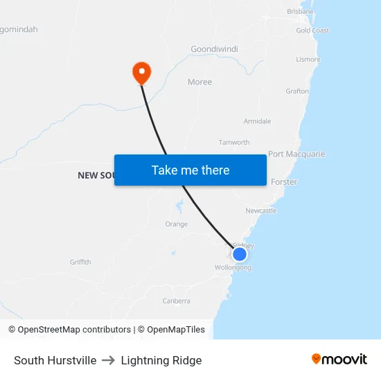 South Hurstville to Lightning Ridge map