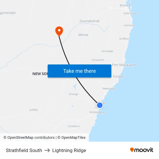 Strathfield South to Lightning Ridge map