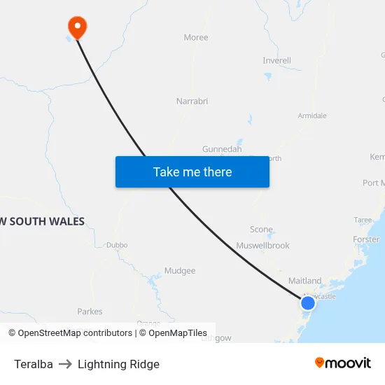 Teralba to Lightning Ridge map