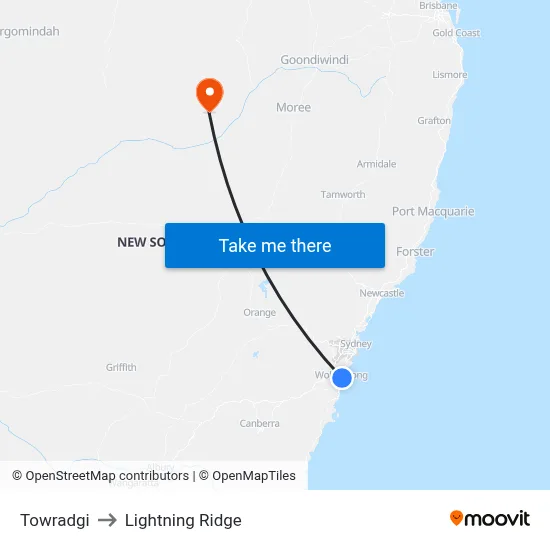 Towradgi to Lightning Ridge map