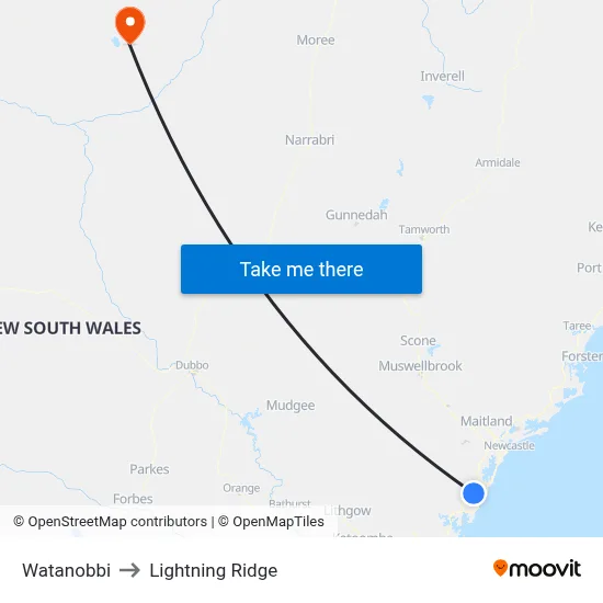 Watanobbi to Lightning Ridge map