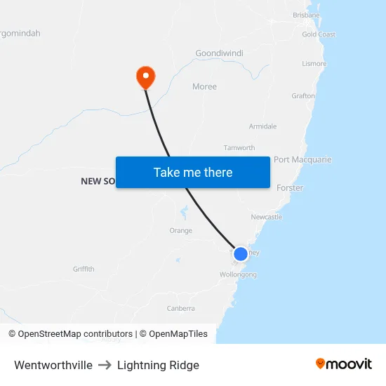 Wentworthville to Lightning Ridge map