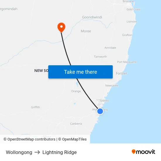 Wollongong to Lightning Ridge map