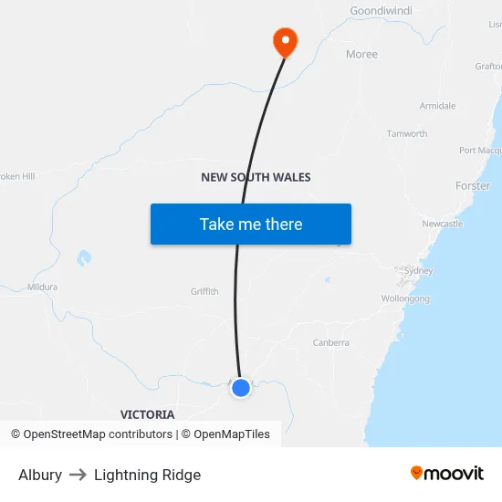 Albury to Lightning Ridge map