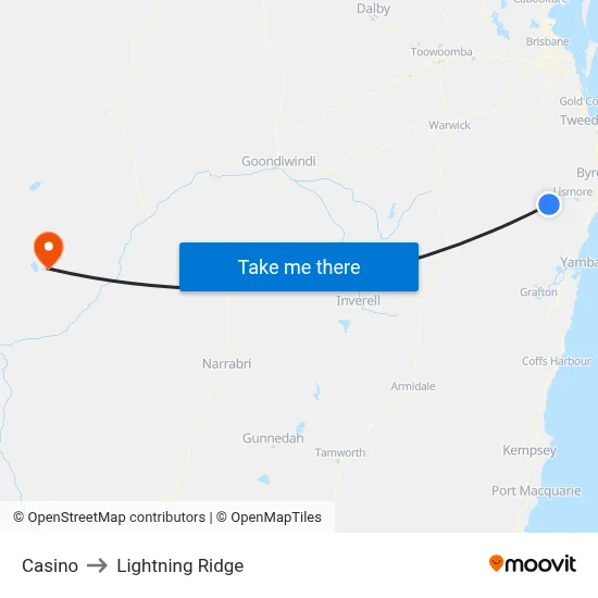 Casino to Lightning Ridge map