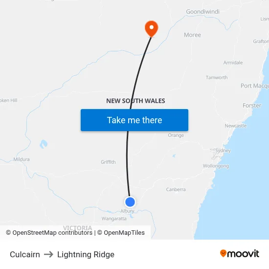 Culcairn to Lightning Ridge map