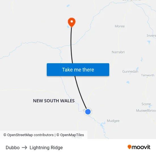 Dubbo to Lightning Ridge map
