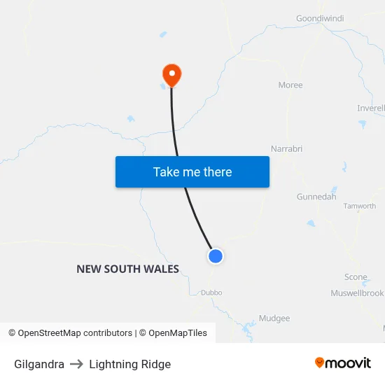 Gilgandra to Lightning Ridge map