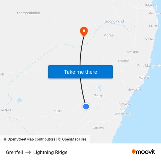 Grenfell to Lightning Ridge map