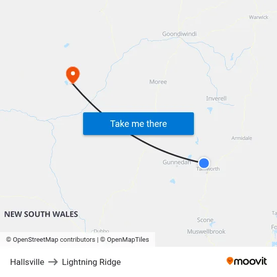 Hallsville to Lightning Ridge map