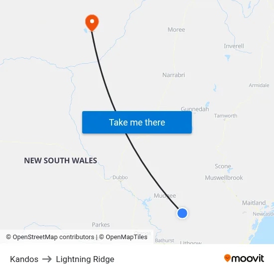Kandos to Lightning Ridge map