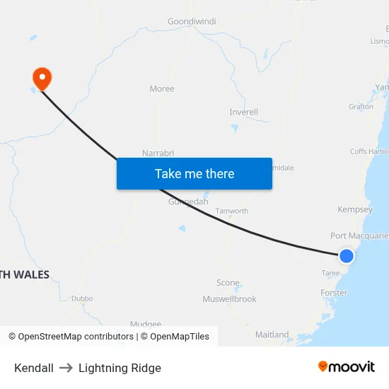 Kendall to Lightning Ridge map