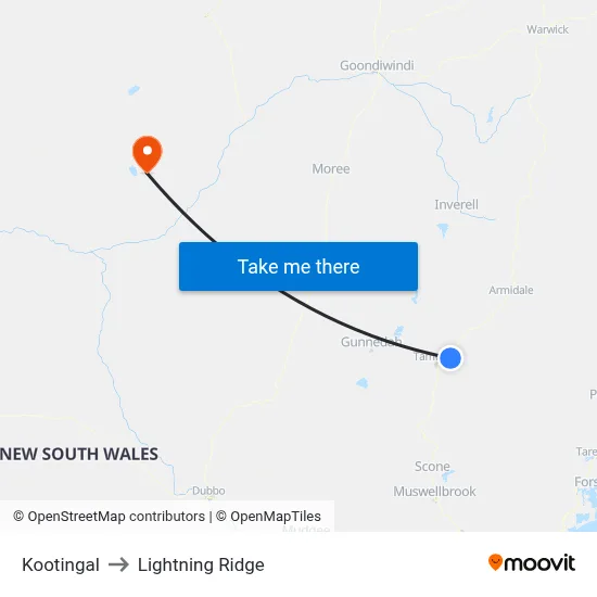 Kootingal to Lightning Ridge map