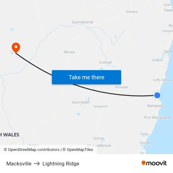 Macksville to Lightning Ridge map