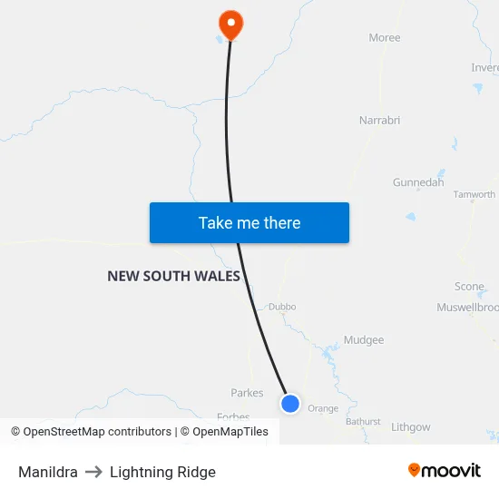 Manildra to Lightning Ridge map