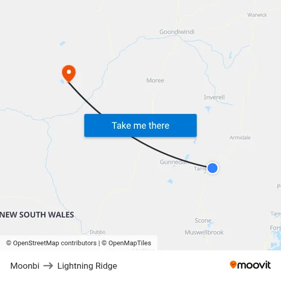 Moonbi to Lightning Ridge map