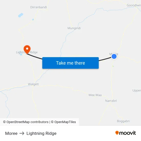 Moree to Lightning Ridge map