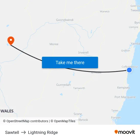 Sawtell to Lightning Ridge map