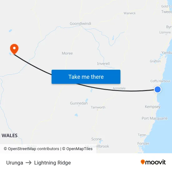Urunga to Lightning Ridge map
