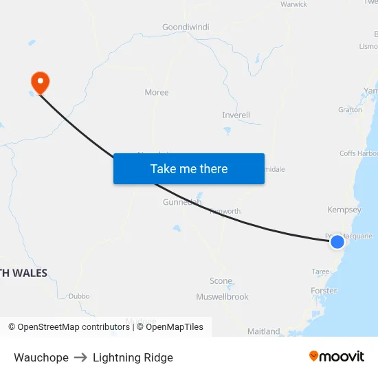 Wauchope to Lightning Ridge map