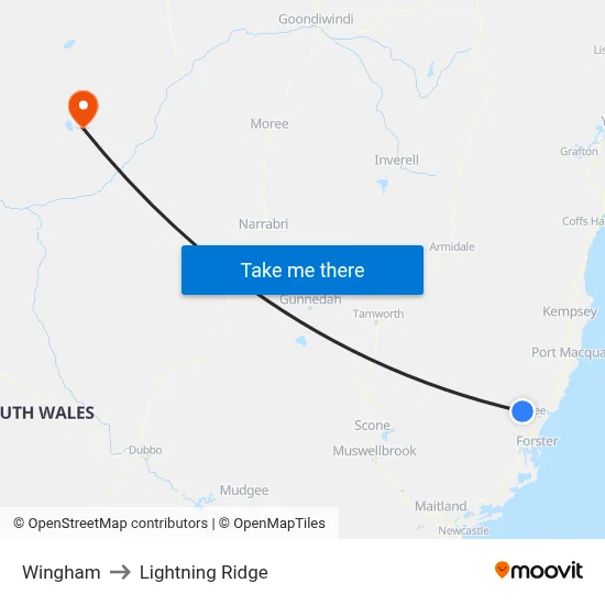 Wingham to Lightning Ridge map