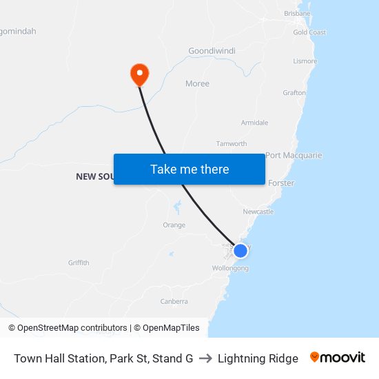 Town Hall Station, Park St, Stand G to Lightning Ridge map