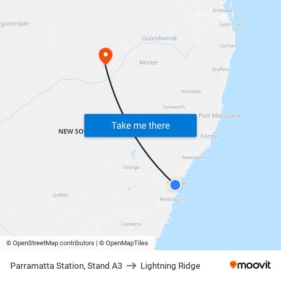 Parramatta Station, Stand A3 to Lightning Ridge map