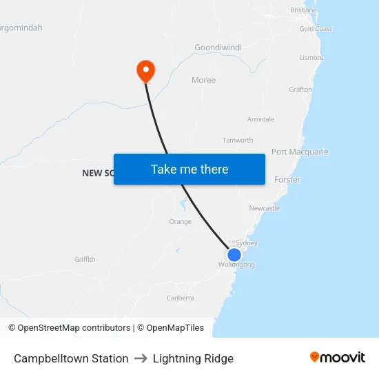 Campbelltown Station to Lightning Ridge map