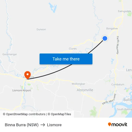 Binna Burra (NSW) to Lismore map