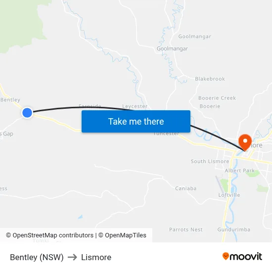 Bentley (NSW) to Lismore map