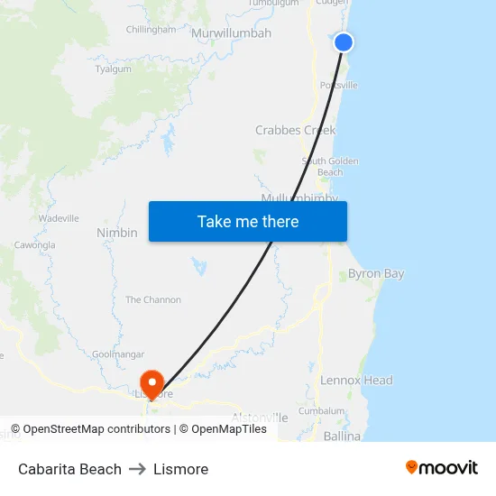 Cabarita Beach to Lismore map