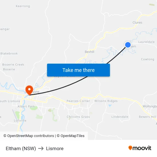 Eltham (NSW) to Lismore map