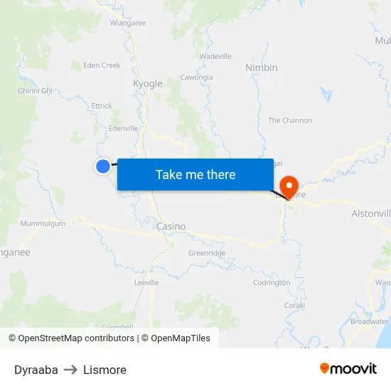Dyraaba to Lismore map