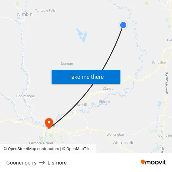 Goonengerry to Lismore map