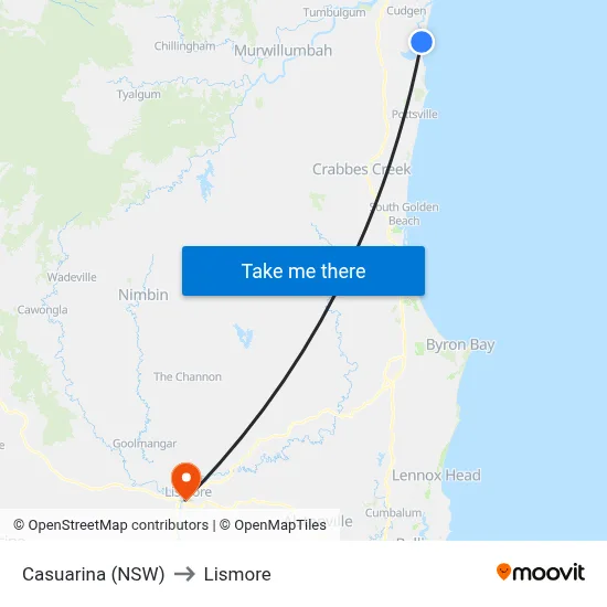Casuarina (NSW) to Lismore map