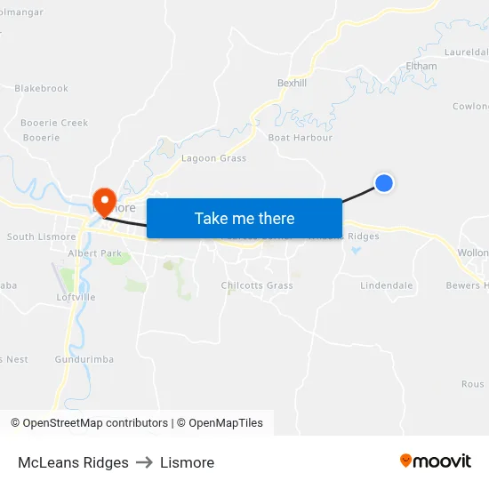 McLeans Ridges to Lismore map