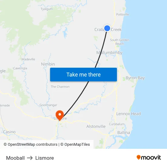 Mooball to Lismore map